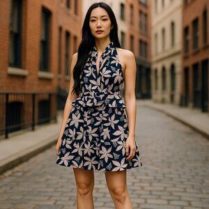 Outerknown floral satin ruffle Bailey cross‎ back mini dress boho tropical sz 4